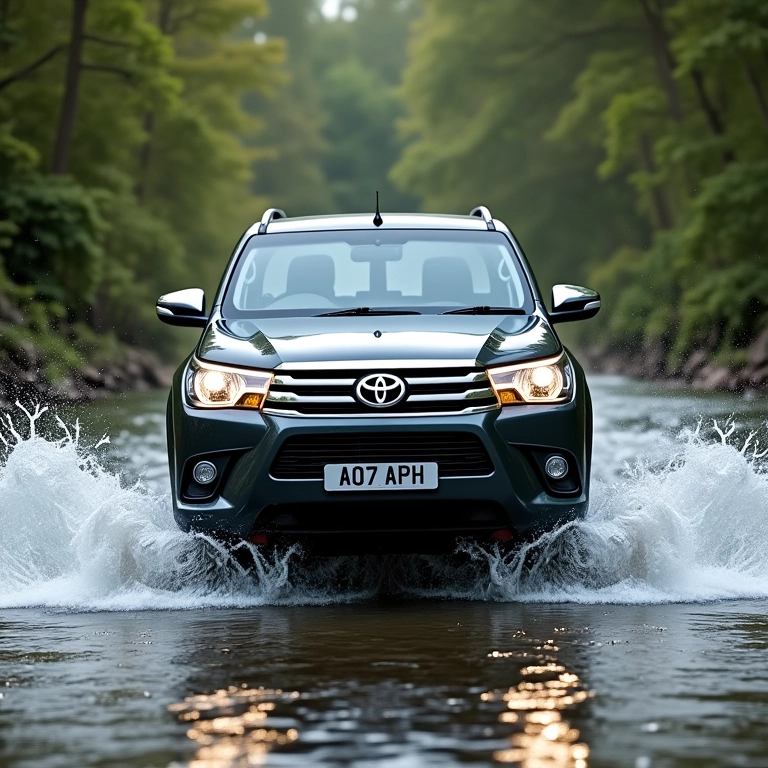 Toyota Hilux atravessando rio com respingos.