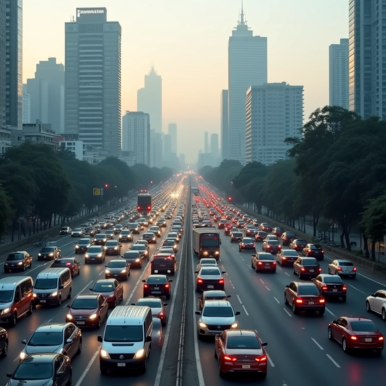Trânsito intenso em São Paulo com carros congestionados e poluição.