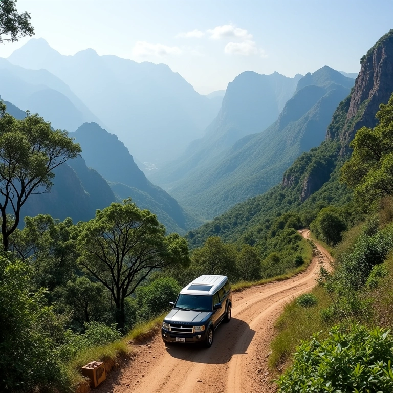 Trilha da Pedra Branca: vista panorâmica e veículo 4x4 estacionado na trilha.