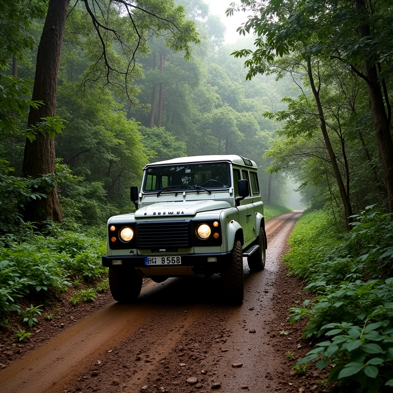 Trilha da Serra da Concórdia: veículo off road em meio à densa floresta.