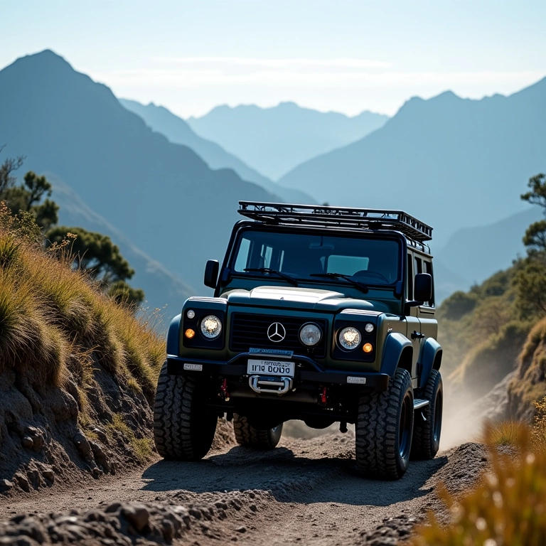 Trilha do Pico da Caledônia: 4x4 escalando a trilha com vistas montanhosas.