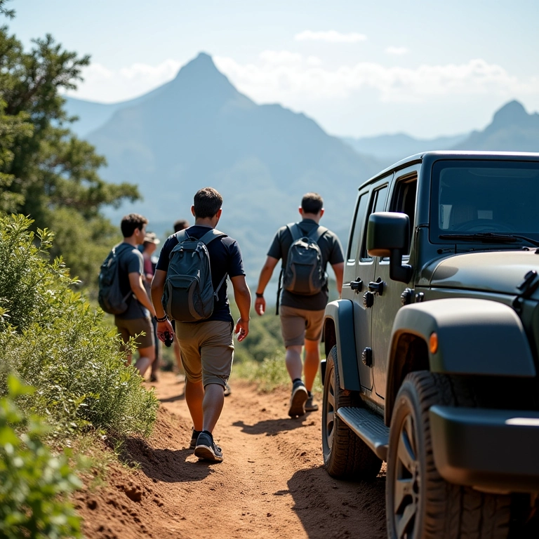 Trilha Transcarioca: grupo de pessoas caminhando com veículo off road próximo.