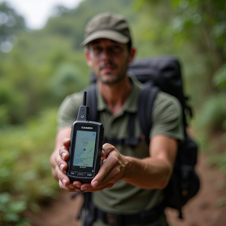 Trilheiro segurando Garmin eTrex 32x em ambiente selvagem.