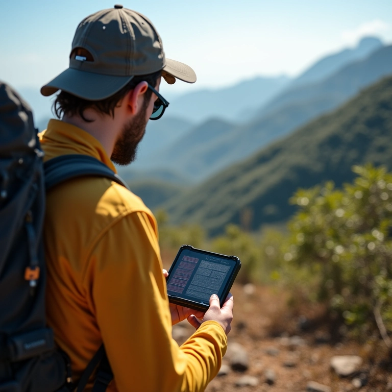 Trilheiro usando GPS com painel solar para bateria de longa duração.