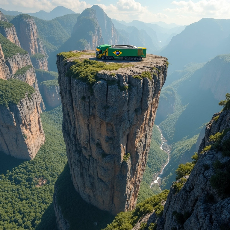 Troller T4 escalando formação rochosa extrema, bandeira do Brasil visível.