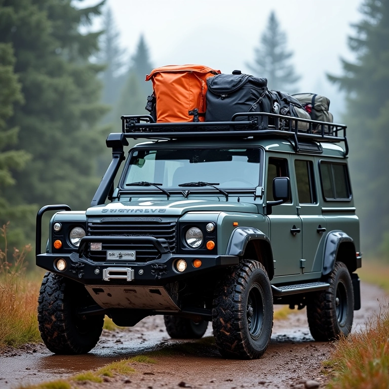 Um 4x4 com bagageiro de teto carregado com equipamentos de camping.