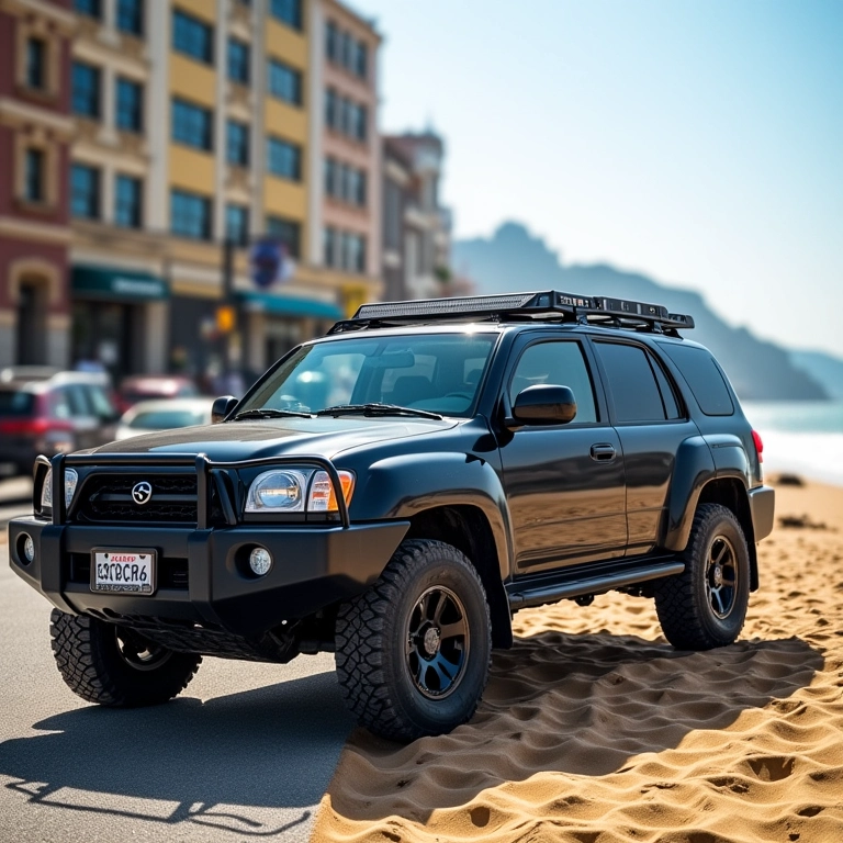 Um 4x4 estacionado em uma rua movimentada e em uma praia de areia.