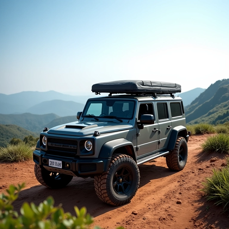 Um 4x4 moderno estacionado em um mirante com vista panorâmica no Brasil.