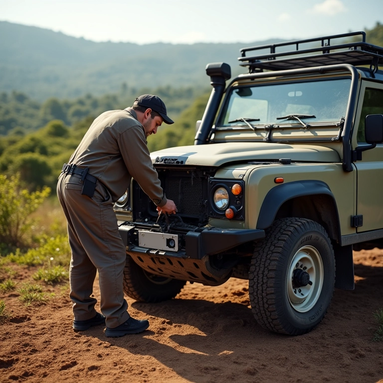 Um 4x4 sendo reparado por um mecânico em uma área remota no Brasil.
