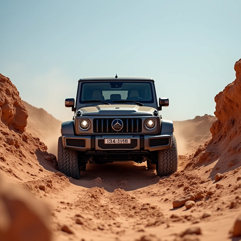 Um 4x4 superando diferentes tipos de terreno: areia, lama e pedras.