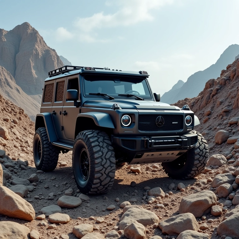 Um 4x4 superando um terreno rochoso e desafiador.