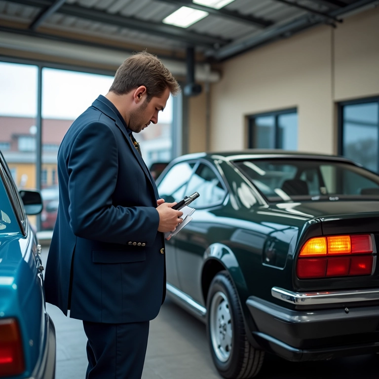 Um especialista em carros inspecionando um Duster e um TR4 em uma concessionária.