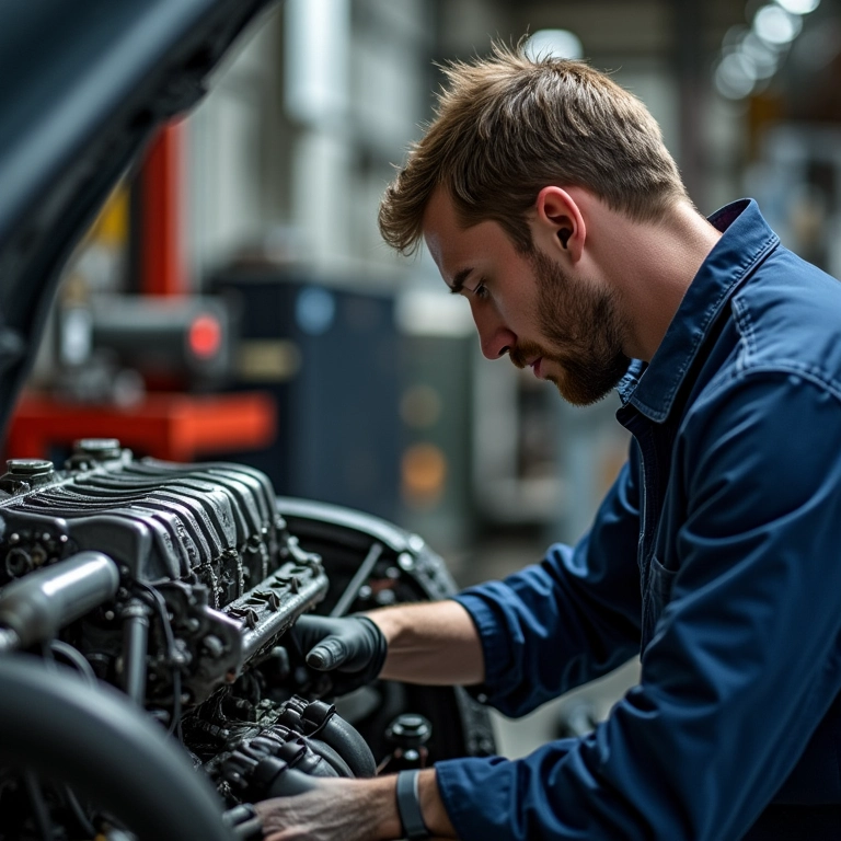 Um mecânico trabalhando no motor de um TR4.