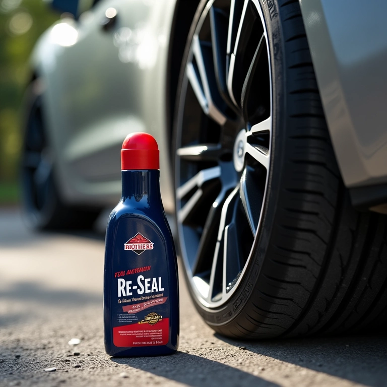 Uso do Mothers Re-Seal em pneu com carro moderno ao fundo.