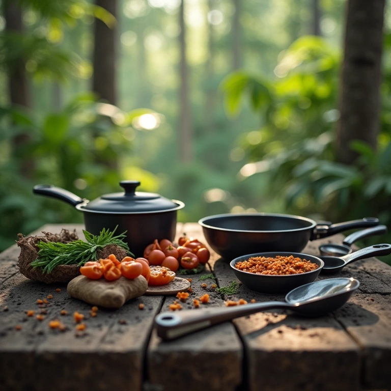 Utensílios de cozinha organizados em mesa, Amazônia.