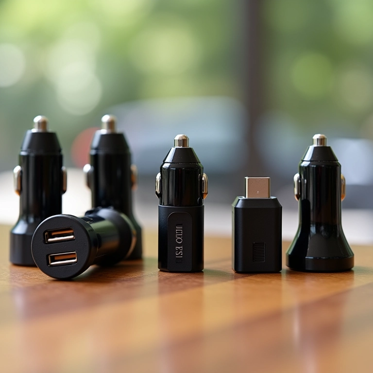 Variedade de carregadores automotivos para celular em uma mesa de madeira.