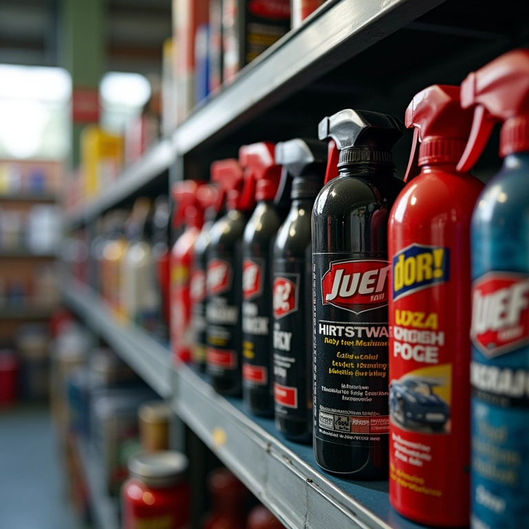 Variedade de ceras protetoras em uma loja de autopeças.