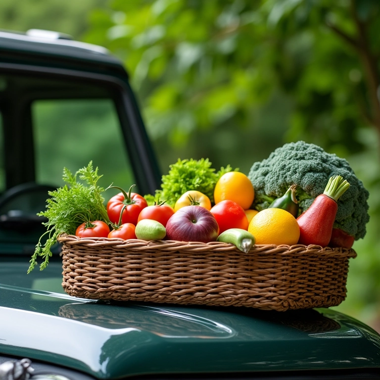Variedade de frutas e legumes frescos em uma cesta, no capô de um 4x4, com fundo verde exuberante.