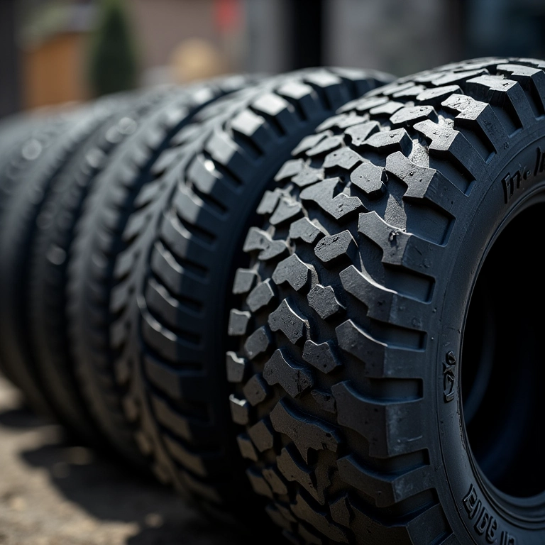 Variedade de marcas de pneus off-road em exibição.
