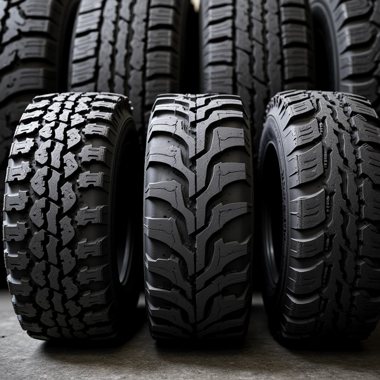 Variedade de pneus off-road para diferentes terrenos.