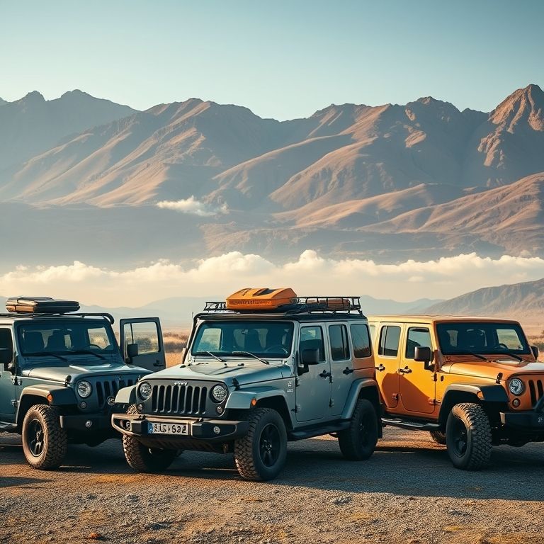 Variedade de veículos 4x4 estacionados em paisagem cênica.