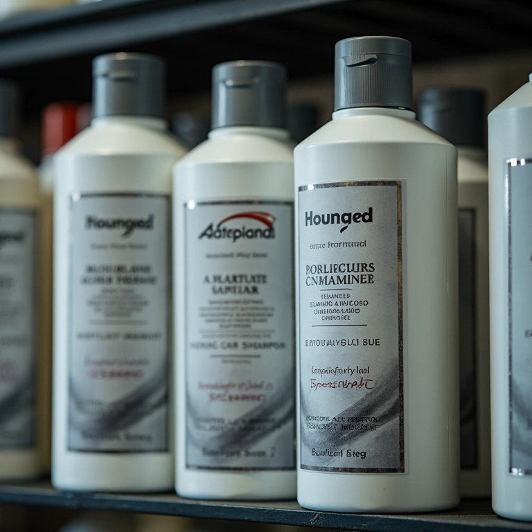 Vários shampoos automotivos neutros em uma prateleira.