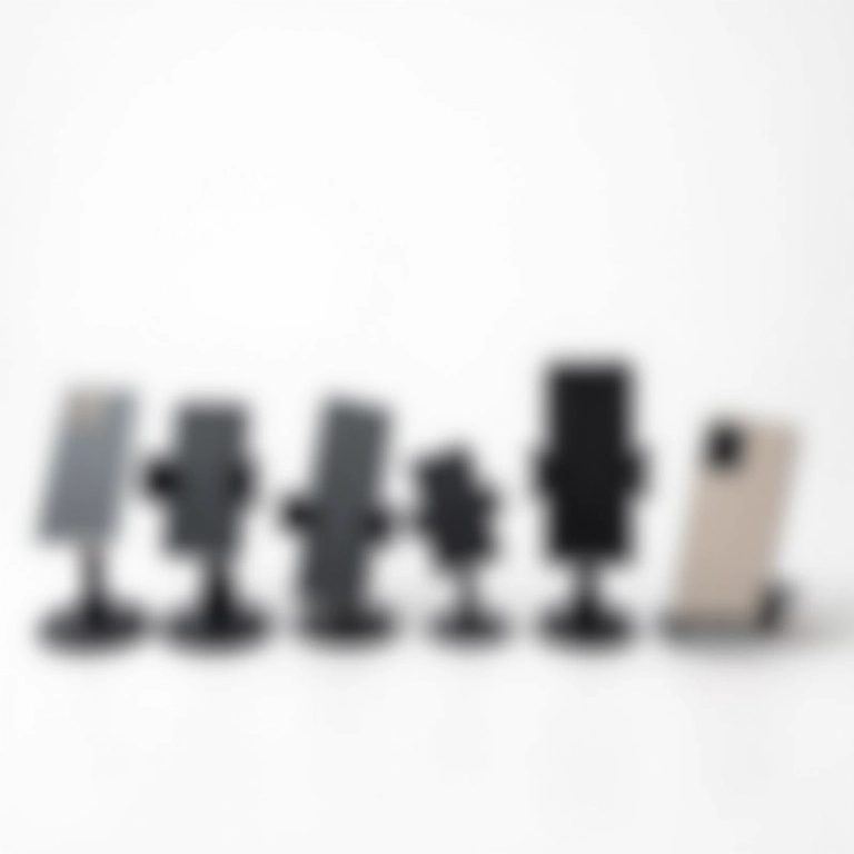 Vários tipos de suportes de celular para carro alinhados.