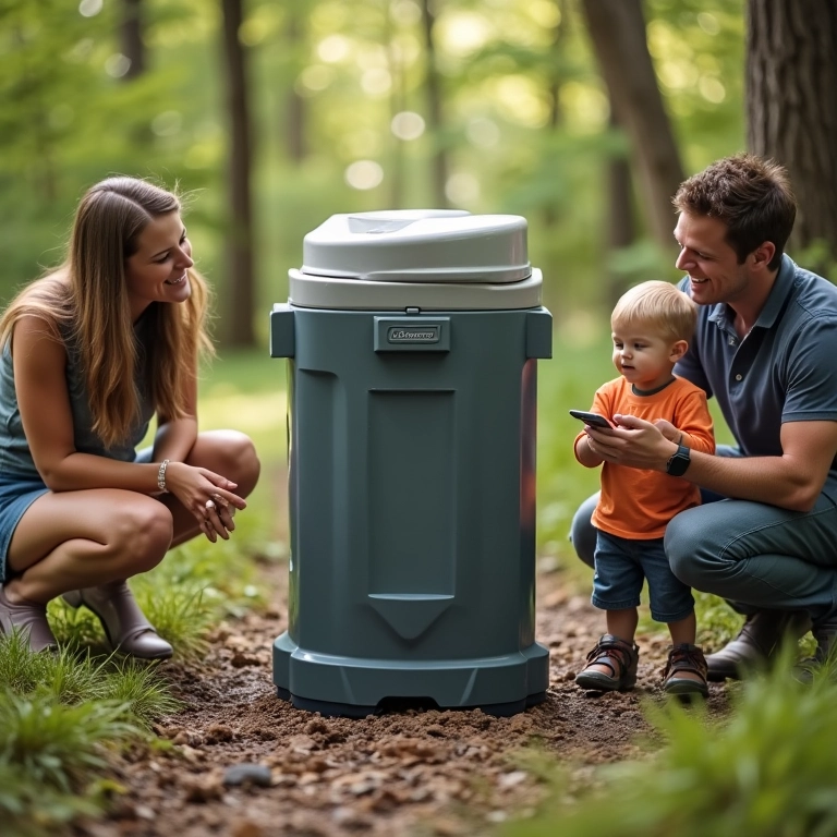 Vaso sanitário portátil Coleman Portable Flush Toilet em uma cena de camping familiar.
