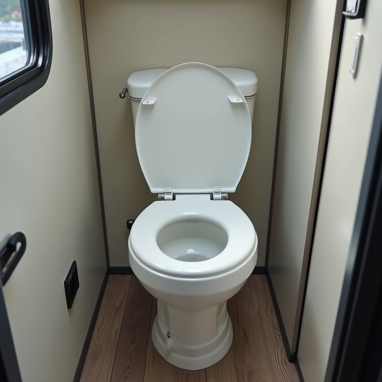 Vaso sanitário portátil Dometic 976 em um espaço de camping compacto.