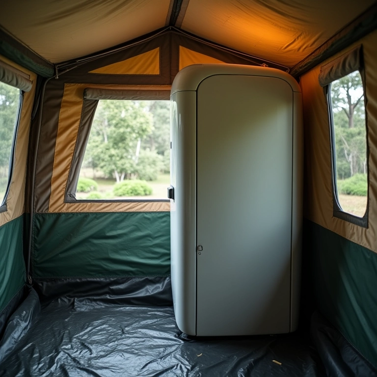 Vaso sanitário portátil moderno dentro de uma barraca de camping espaçosa.