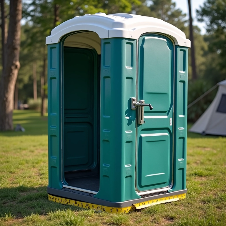 Vaso sanitário portátil mostrando sua capacidade e dimensões em um acampamento.