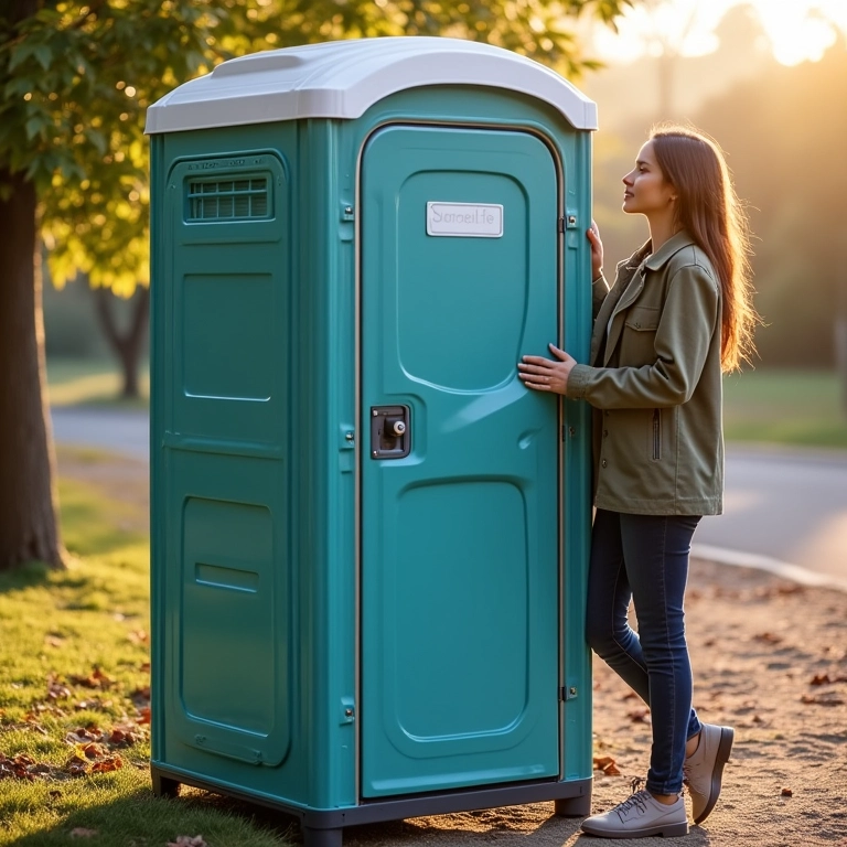 Vaso sanitário portátil SereneLife, leve e resistente, sendo transportado por uma mulher.