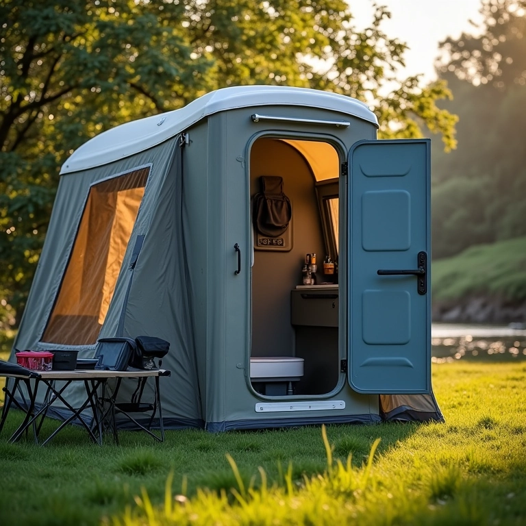 Vaso sanitário portátil Thetford Porta Potti 565E em um acampamento de luxo.