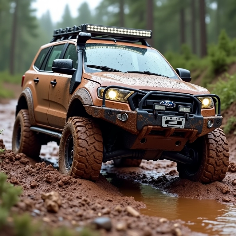 Veículo 4x4 atolado na lama, destacando o sistema de tração integral.