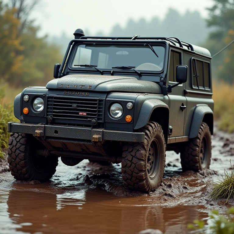 Veículo 4x4 atolado sendo resgatado com cabo de reboque.