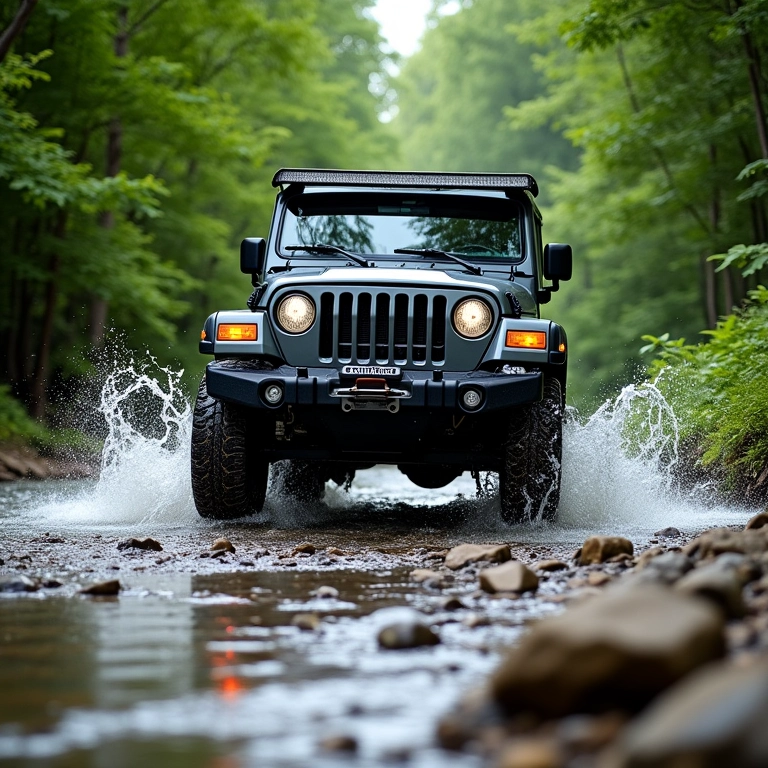Veículo 4x4 atravessando leito de rio rochoso durante trilha off-road no Vale Europeu.