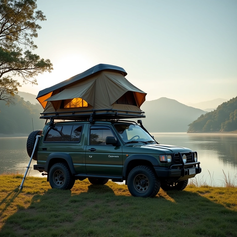 Veículo 4x4 com barraca de teto estacionado à beira de um lago tranquilo no Brasil.