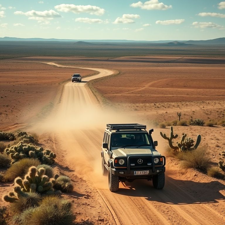 Veículo 4x4 dirigindo em estrada de terra no Sertão baiano.