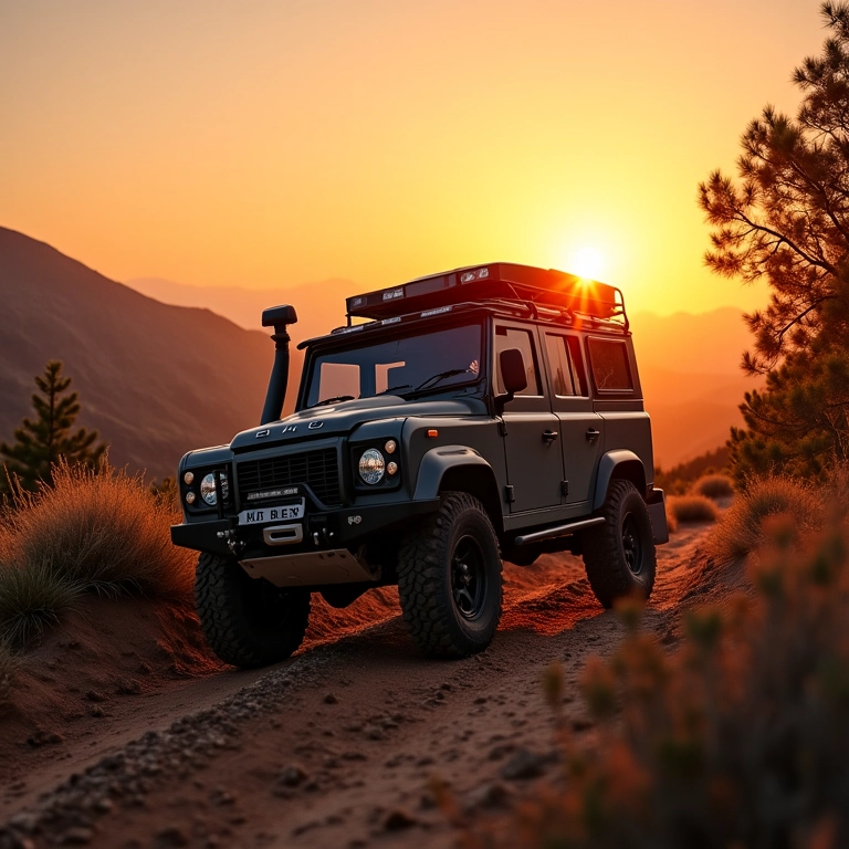 Veículo 4x4 em trilha off-road ao pôr do sol, com equipamentos de camping.