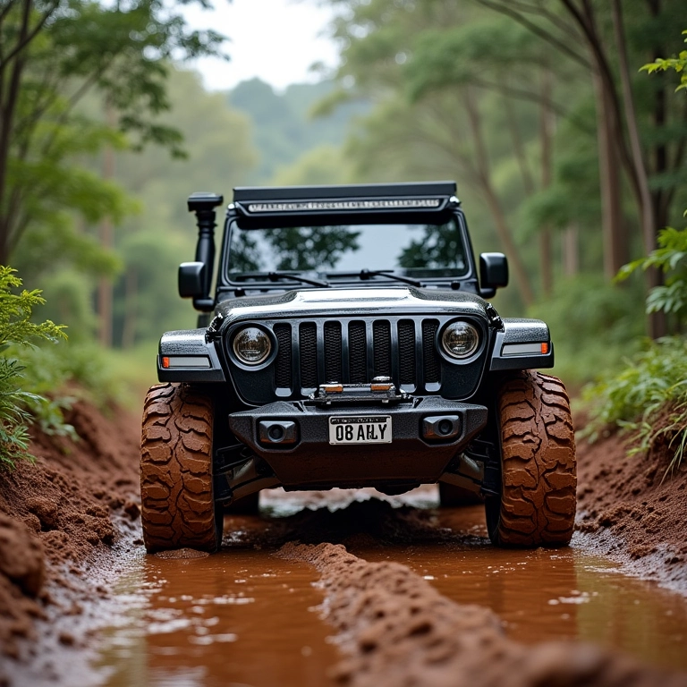 Veículo 4x4 enfrentando trilha off-road difícil na natureza brasileira.