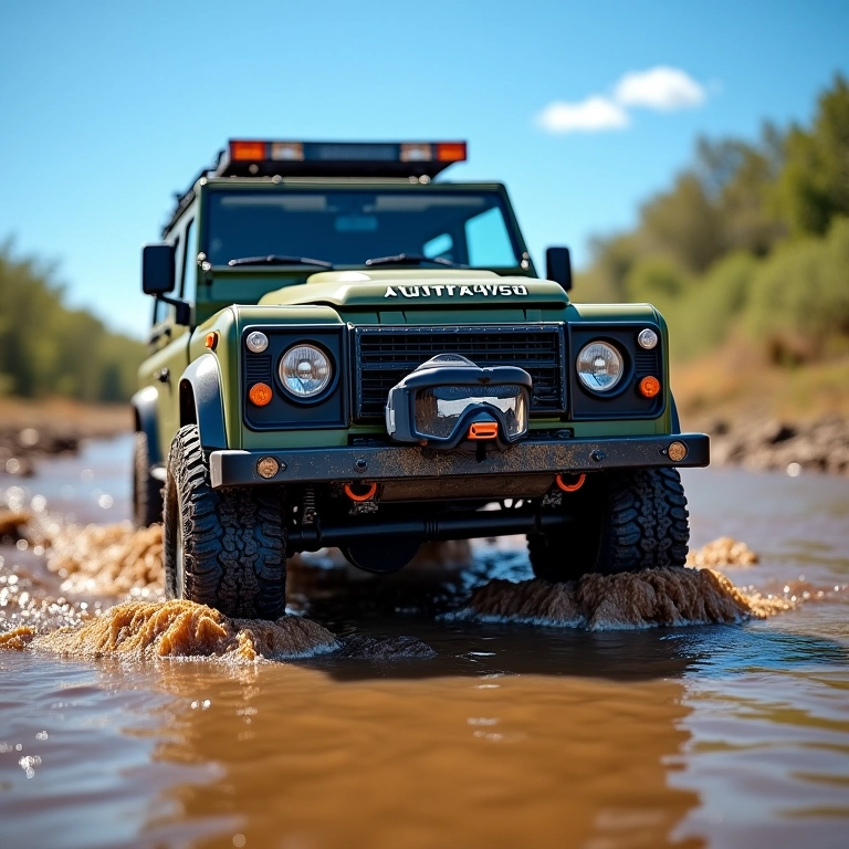 Veículo 4x4 off-road atravessando rio com snorkel em destaque.