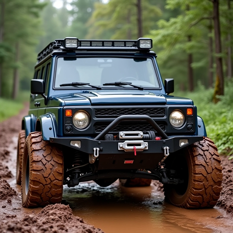 Veículo 4x4 off-road atravessando terreno lamacento com guincho elétrico.