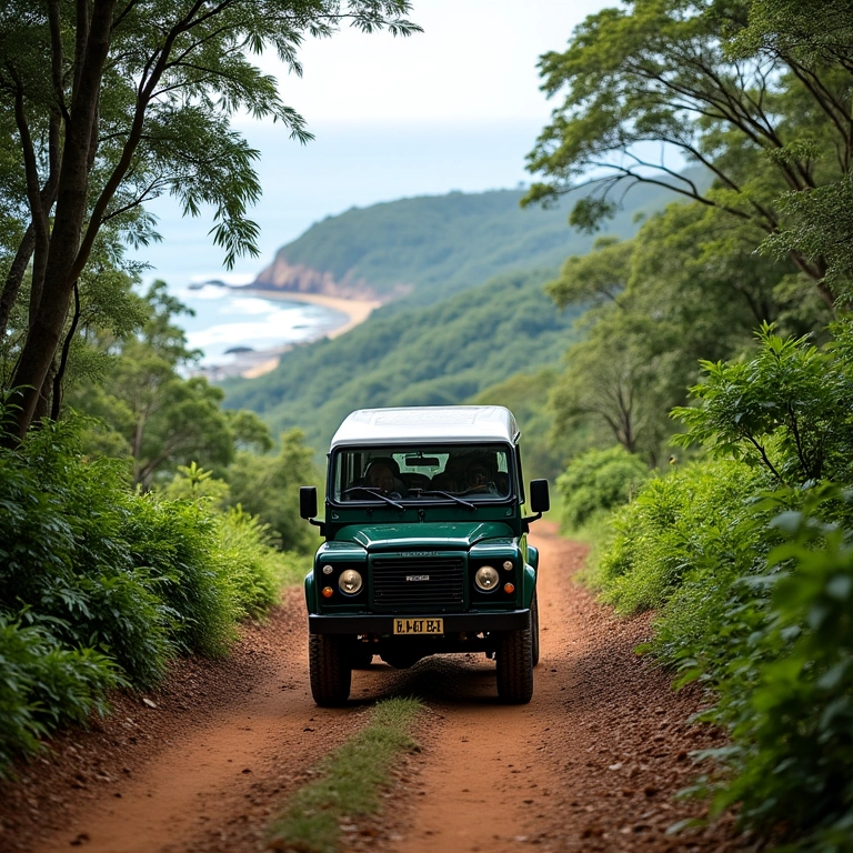 Veículo 4x4 percorrendo a Trilha da Costa do Descobrimento em Abrolhos.