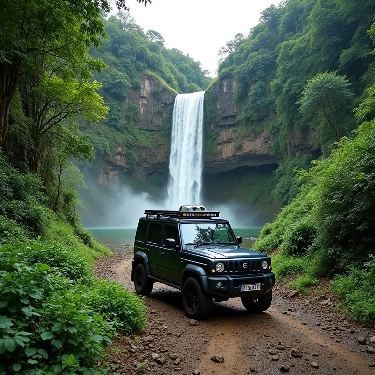 Veículo 4x4 perto da cachoeira Véu da Noiva na Chapada.