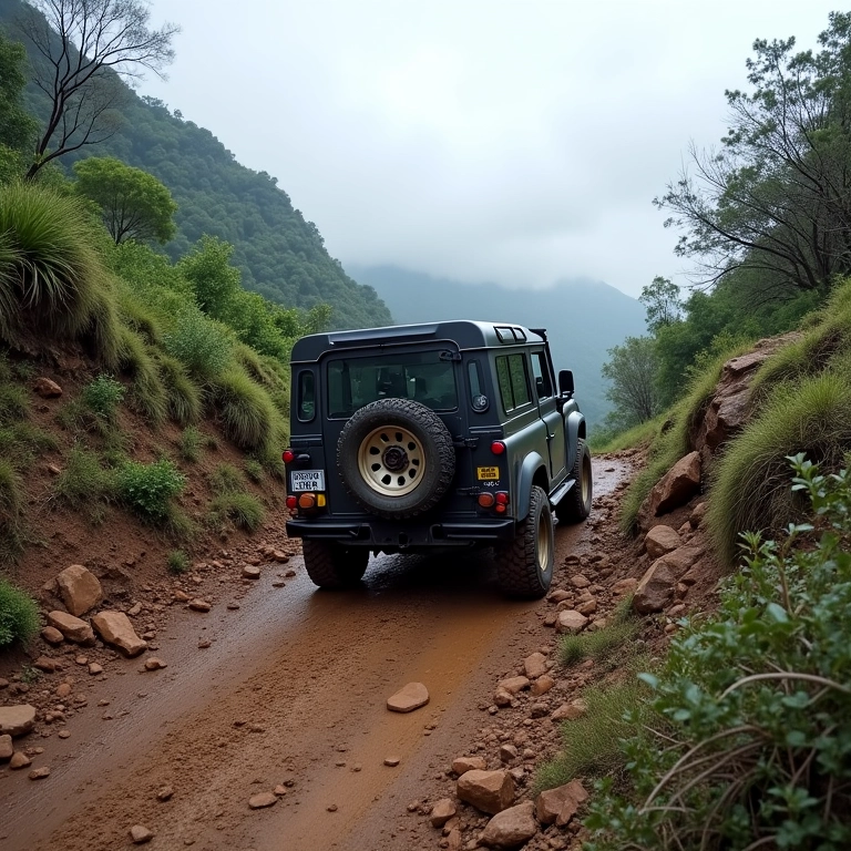 Veículo 4x4 subindo trecho íngreme na Trilha da Bocaina, Parque de Vila Velha.
