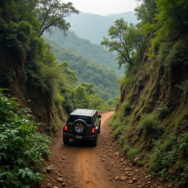 Veículo 4x4 subindo trilha íngreme na Chapada dos Guimarães.