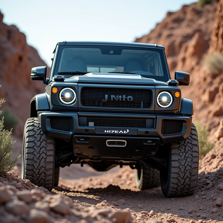 Veículo 4x4 superando um obstáculo rochoso com 4L ativado.