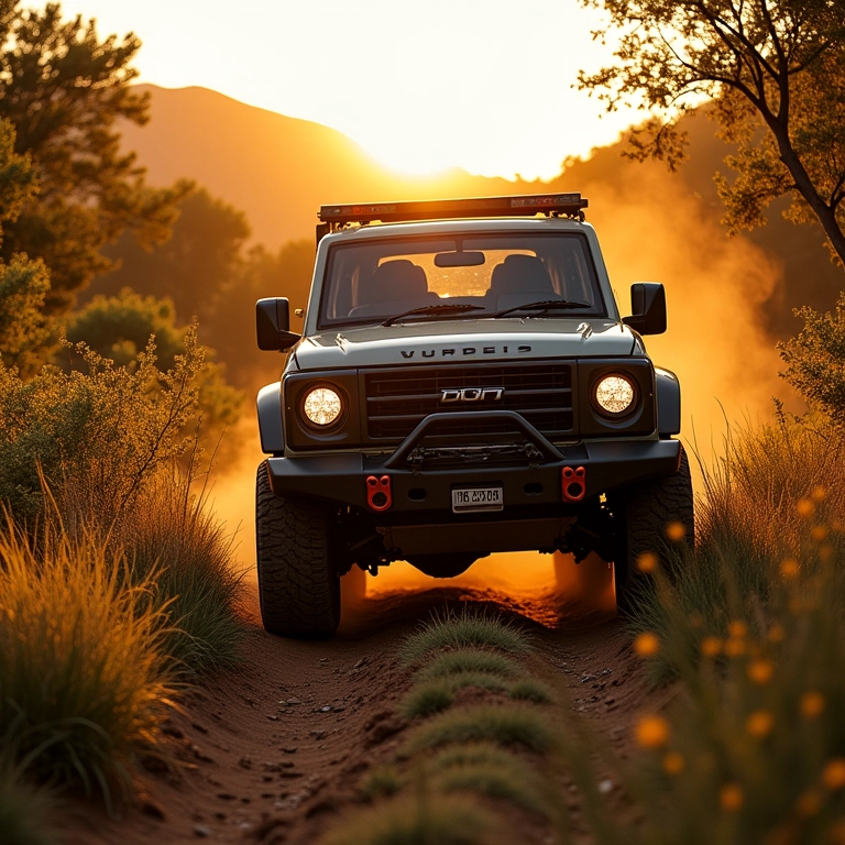 Veículo 4x4 trilhando a Serra do Cipó sob a luz dourada do sol.