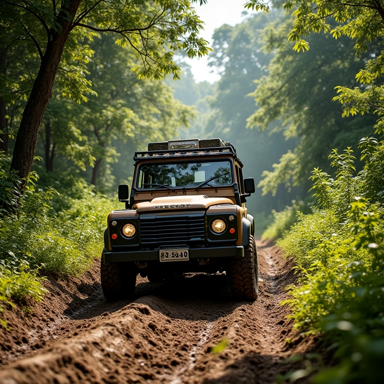Veículo 4x4 trilhando em meio à natureza exuberante perto de Curitiba.