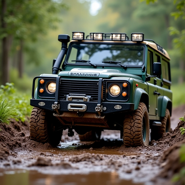 Veículo 4x4 usando um guincho elétrico para sair de um fosso de lama.
